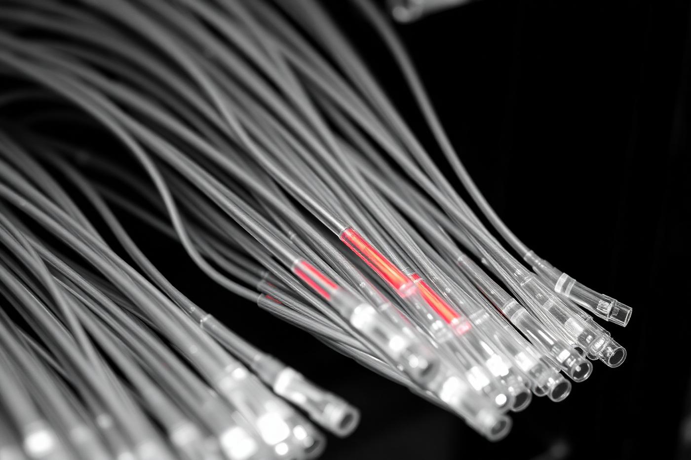 Close-up of bundled fibre optic cables in greyscale with one strand lit in red