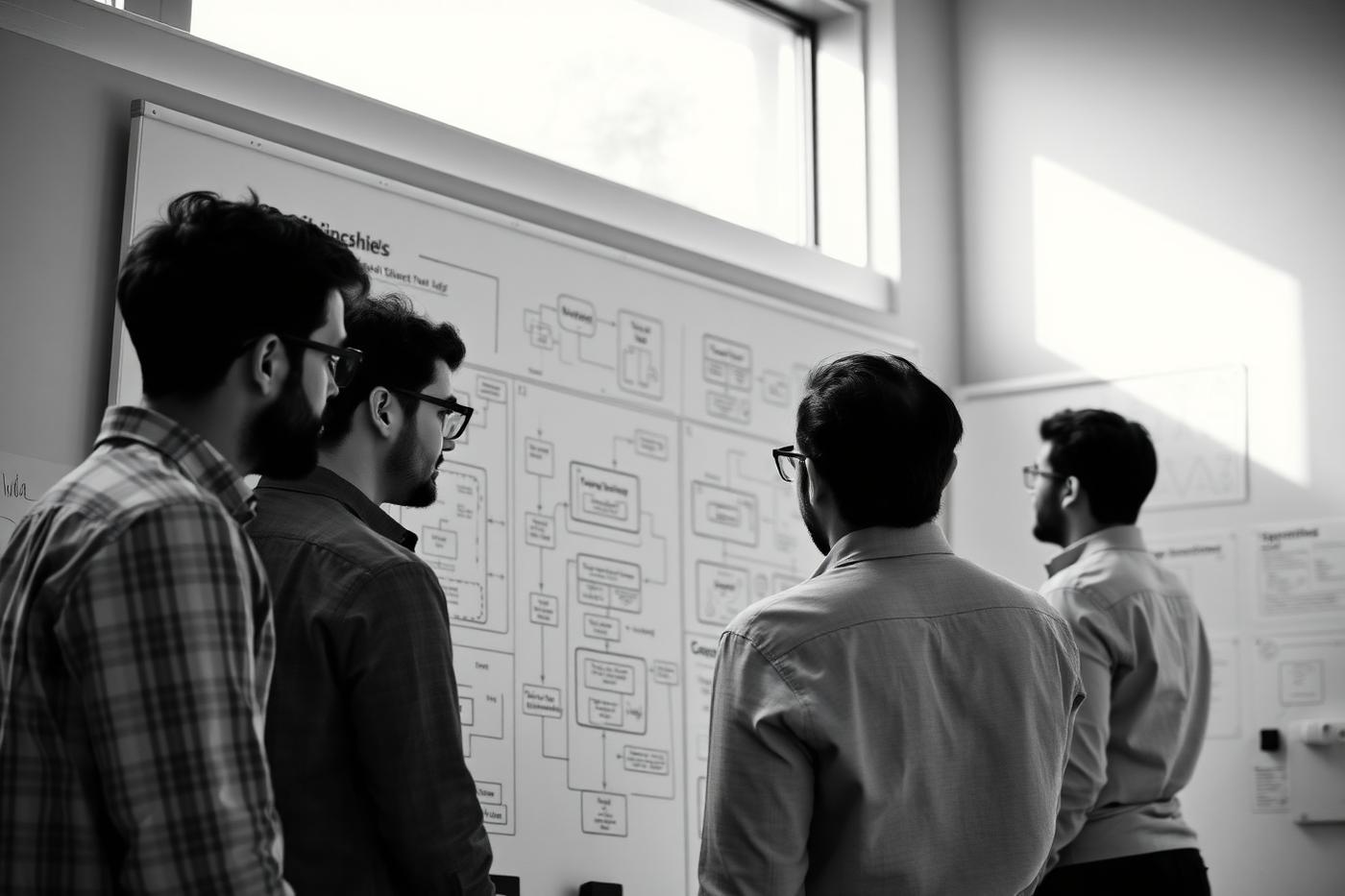 Four software engineers reviewing a system diagram drawn on a whiteboard in daylight