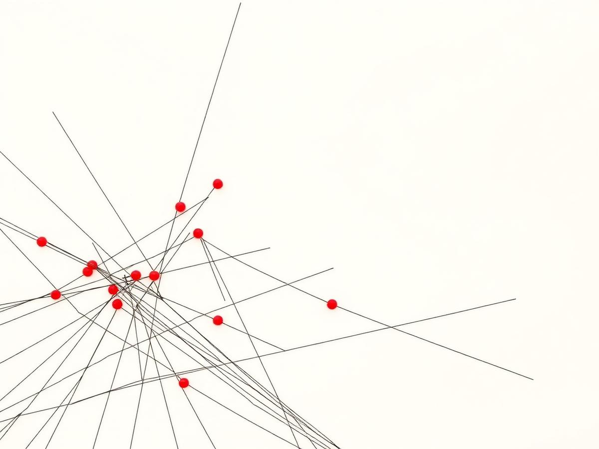 Abstract technical diagram of thin intersecting black lines connecting small red nodes