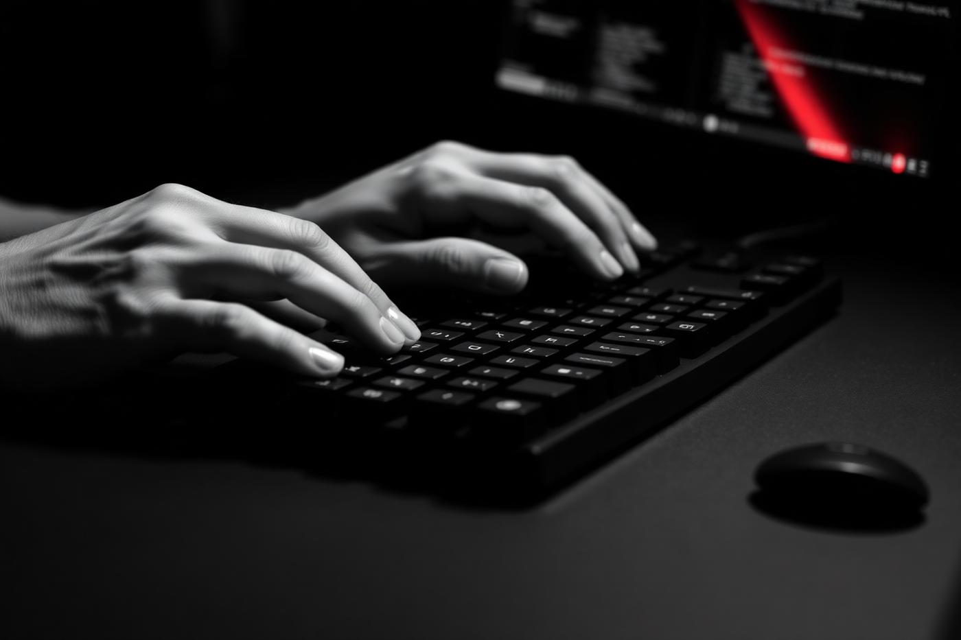 Hands typing on a mechanical keyboard in a dimly lit workspace lit by a red screen reflection