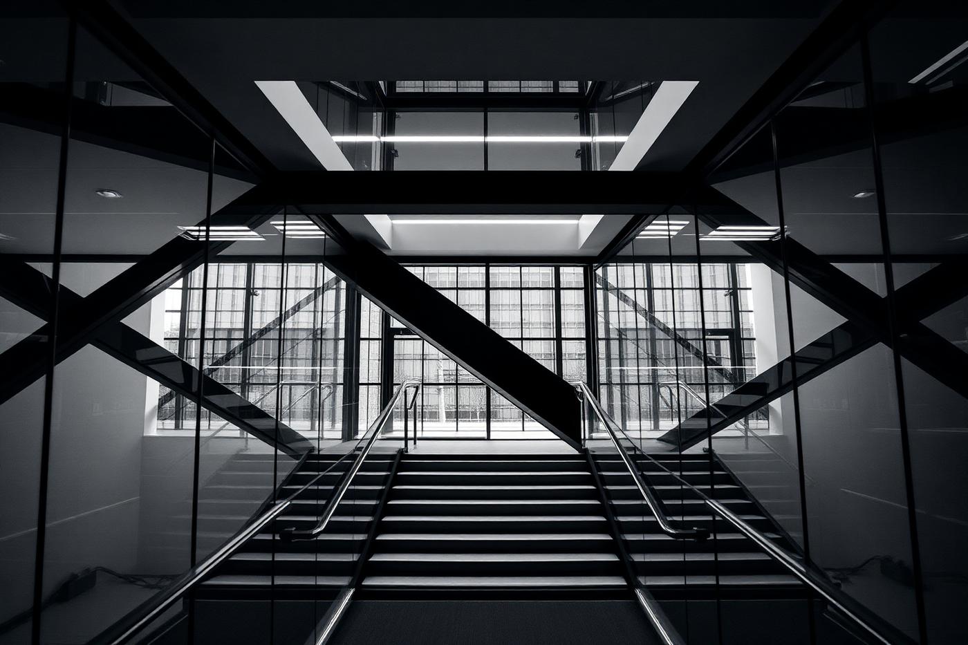 Greyscale interior view of a modern office stairwell with strong diagonal steel geometry